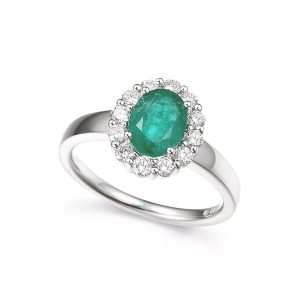 Hvittgull rosett ring m/ 0,74ct Smaragd og totalt 0,42Ct Twsi Diamanter