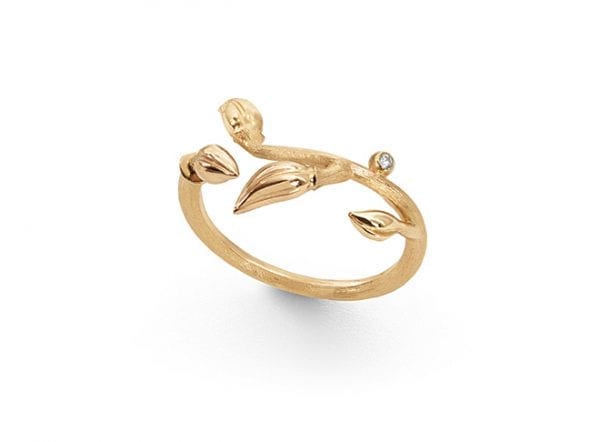 Ring Blooming Yellow Gold W 3 Leaves In Rose And Diamond