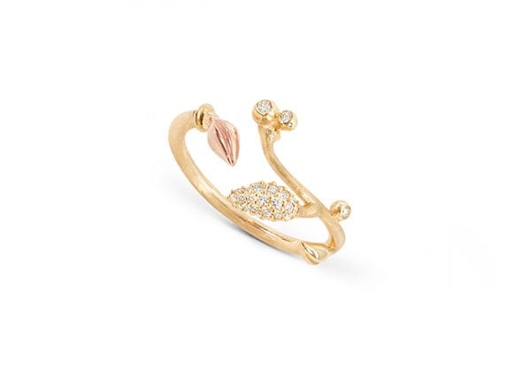 Ring Blooming Yellow Gold W Rosegold And Pave Leaf.28 Dia