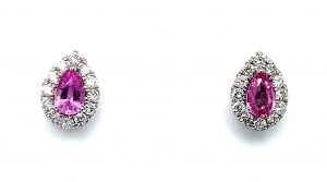 Hvitt gull rosett ørepynt dråpe m/ rosa safir og diamanter