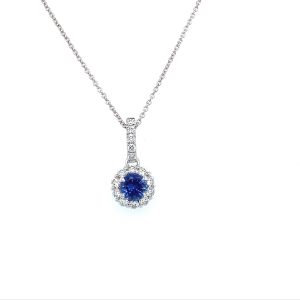 Hvittgull rosett anheng m/ safir og diamanter rund