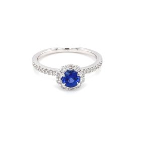 Hvitt gull ring rund rosett m/ safir  og diamanter