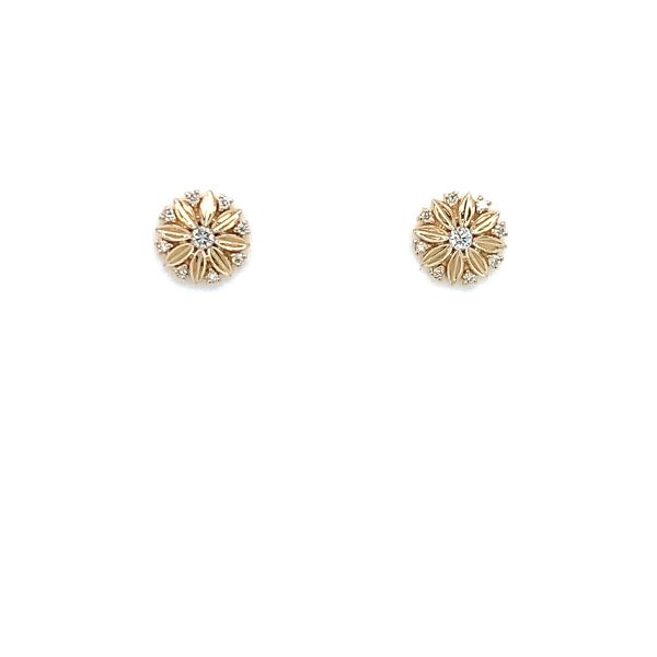 Gult gull "blomst" ørepynt m/ diamanter 0,10ct