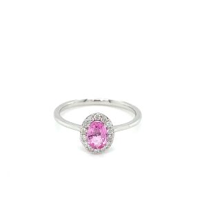Hvitt gull rosett ring m/ rosa safir og diamanter