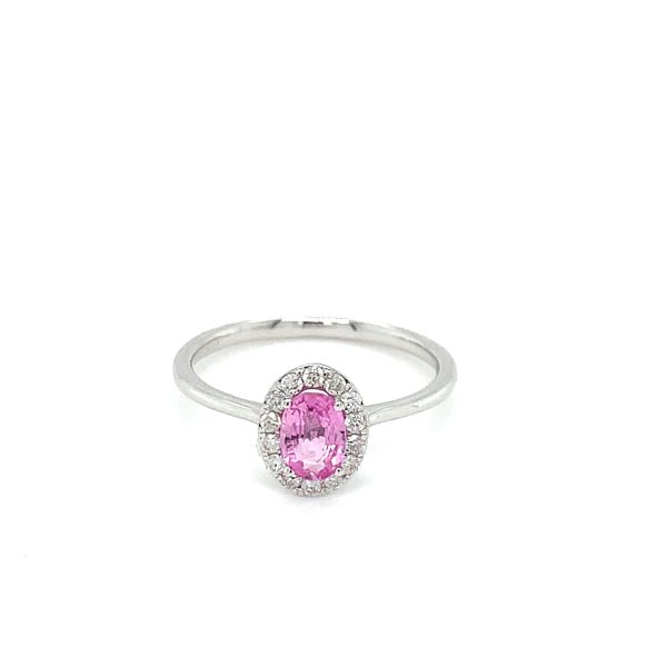 Hvitt gull rosett ring m/ rosa safir og diamanter