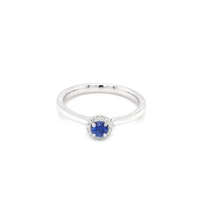 Hvitt gull rosett ring m/ safir og diamanter