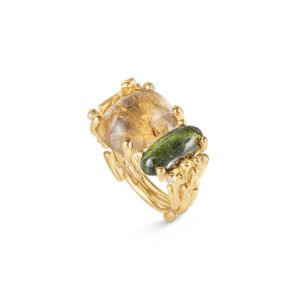 BoHo ring dobbel med Rutilquartz og grønn Turmalin