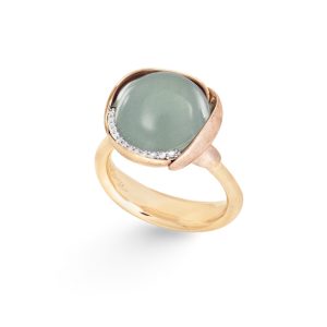 Lotus ring nr.3 gult gull m/ Aquamarin og diamanter