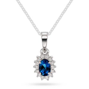 Hvitt gull rosett anheng m/  oval safir og diamanter