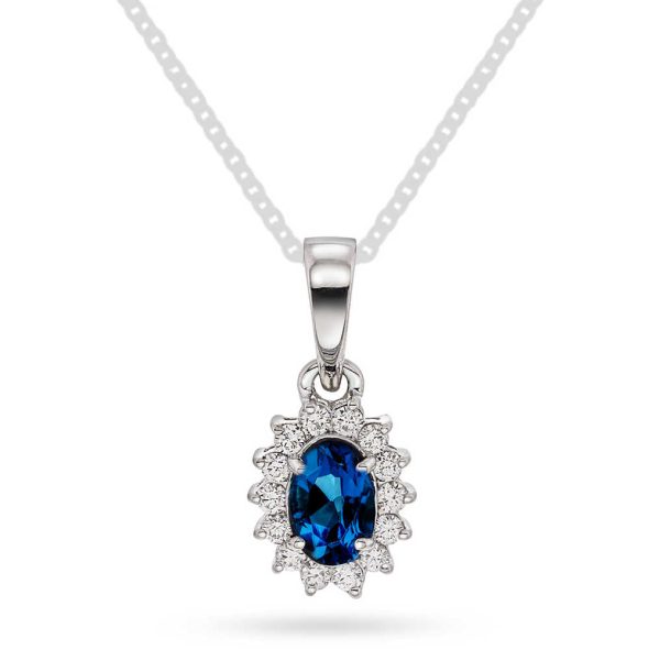 Hvitt gull rosett anheng m/  oval safir og diamanter