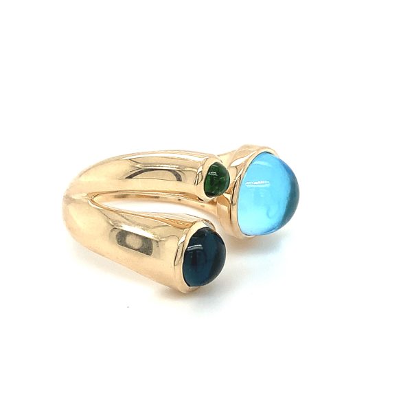 Globe Tripple ring gult gull m/ Swiss blue - ,London blue Topaz og grønn Turmalin - Bilde 4