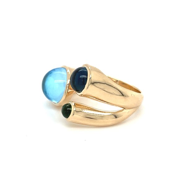 Globe Tripple ring gult gull m/ Swiss blue - ,London blue Topaz og grønn Turmalin - Bilde 3