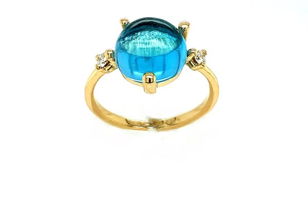 Stellini Big ring gult gull m/ Swiss Blue Topaz og diamanter