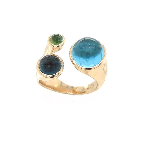 Globe Tripple ring gult gull m/ Swiss blue - ,London blue Topaz og grønn Turmalin