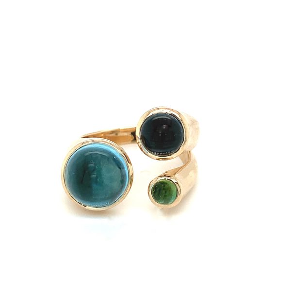 Globe Tripple ring gult gull m/ Swiss blue - ,London blue Topaz og grønn Turmalin - Bilde 2