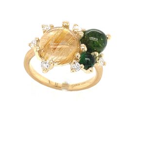 Stellini ring tripple m/ Rutil quartz, grønn turmalin og diamanter