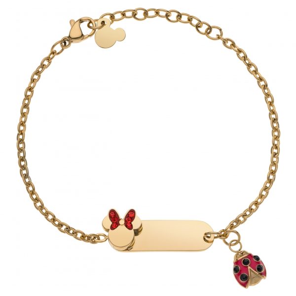 Disney Minnie forgylt stål armbånd m/ graveringsfelt og røde Cubic zirkonia