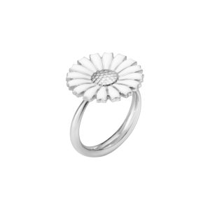 Daisy Ring sølv , hvit emalje Margeritt, rett skinne