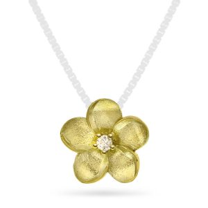 Gult gull blomster anheng m/ diamant