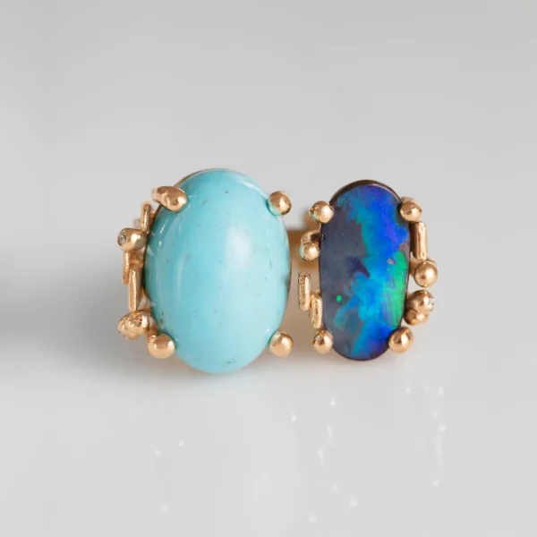 Stor BoHo ring dobbel med Turkis og mørk Opal - Bilde 3