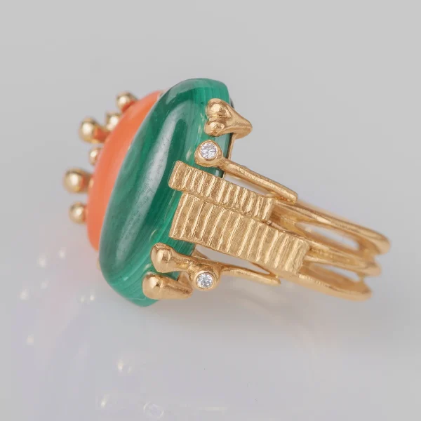 BoHo ring dobbel med Malakitt og Koral - Bilde 4