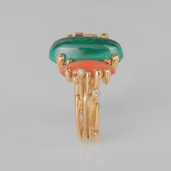 BoHo ring dobbel med Malakitt og Koral - Bilde 6