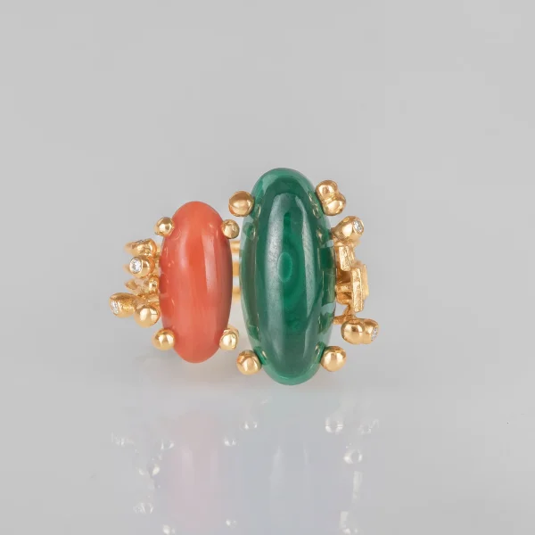 BoHo ring dobbel med Malakitt og Koral - Bilde 5