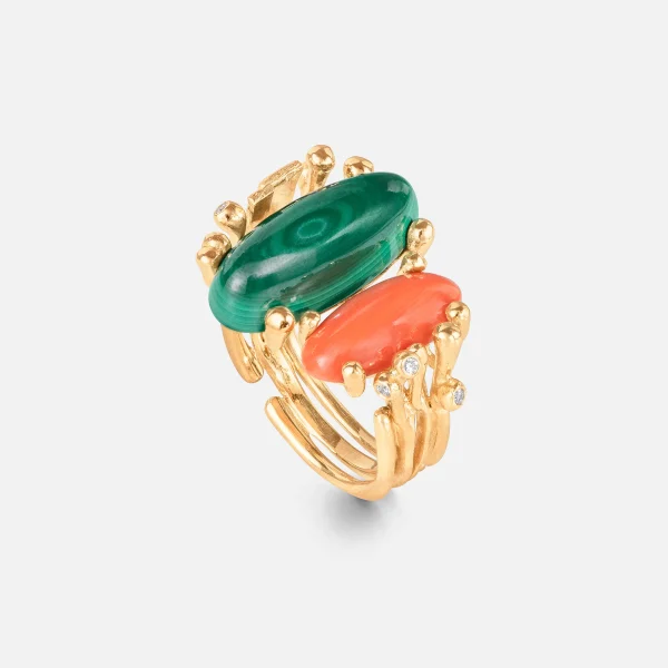 BoHo ring dobbel med Malakitt og Koral - Bilde 3