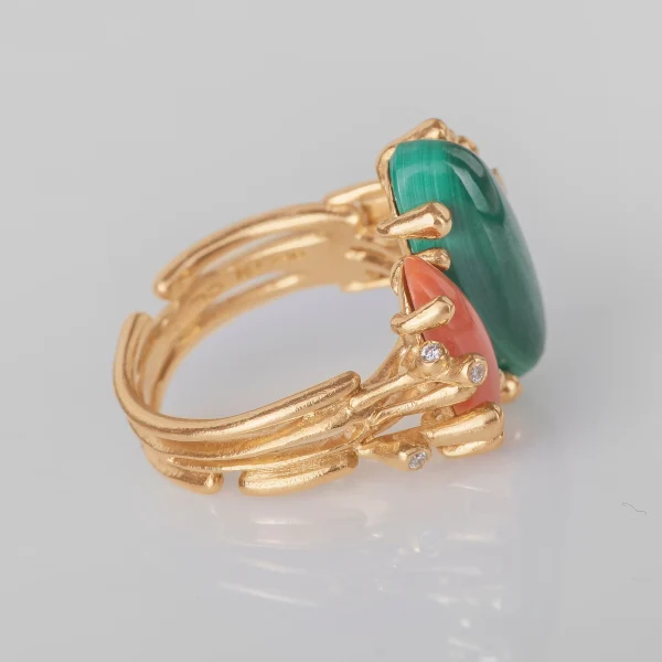 BoHo ring dobbel med Malakitt og Koral - Bilde 2