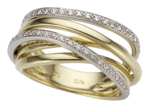 Gult og hvitt gull krysset ring m/ diamanter