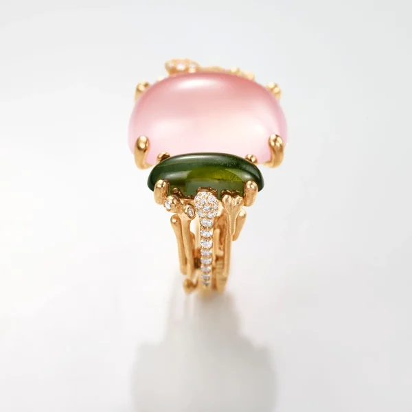 BoHo ring Dobbel Pave´m/ Rosa quartz og grønn Turmalin - Bilde 2