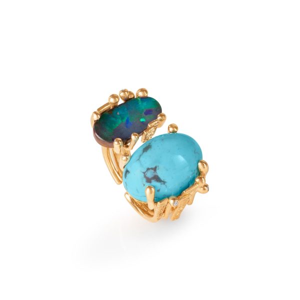 Stor BoHo ring dobbel med Turkis og mørk Opal