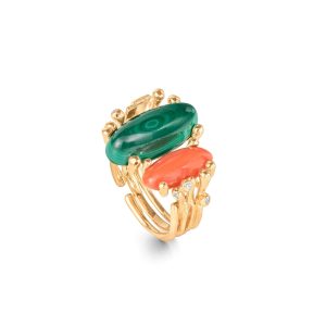 BoHo ring dobbel med Malakitt og Koral