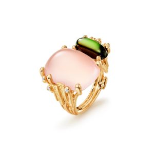 BoHo ring Dobbel m/ Rosa quartz og grønn Turmalin
