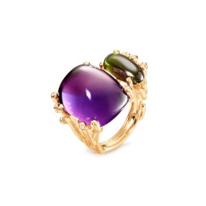 BoHo ring Dobbel m/ Ametyst og grønn Turmalin