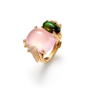 BoHo ring Dobbel Pave´m/ Rosa quartz og grønn Turmalin
