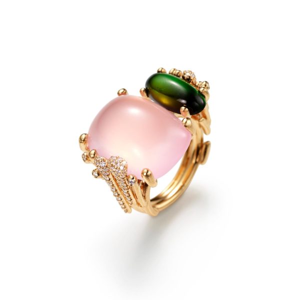 BoHo ring Dobbel Pave´m/ Rosa quartz og grønn Turmalin