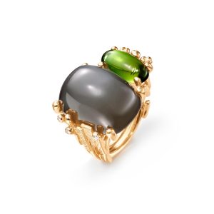 BoHo ring Dobbel m/ Grå månesten og grønn Turmalin