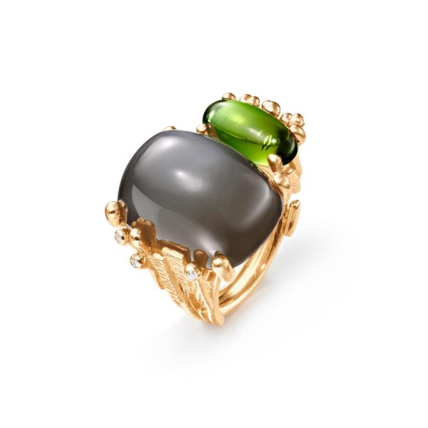 BoHo ring Dobbel m/ Grå månesten og grønn Turmalin