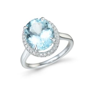 Hvitt gull Rosettring m/ Aquamarin og diamanter