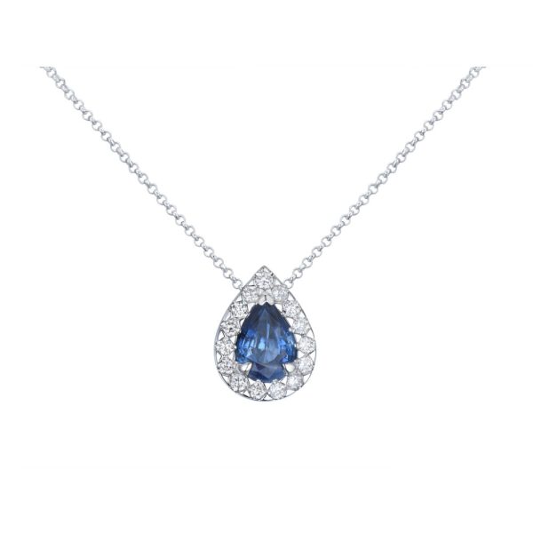 Hvitt gull anheng m/ 0,88ct dråpeslipt safir og 15 diamanter totalt 0,20ct