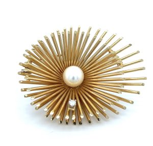 Vintage - Gult gull Brosje m/ perle og diamant