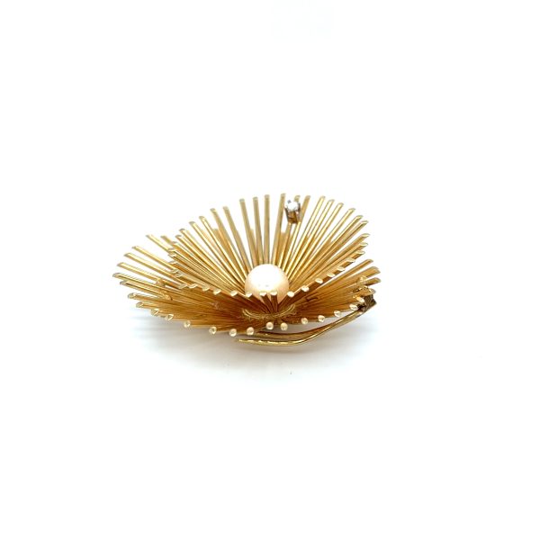 Vintage - Gult gull Brosje m/ perle og diamant - Bilde 2