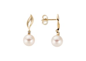 Gult gull heng ørepynt m/ ferskvann kulturperle og diamant