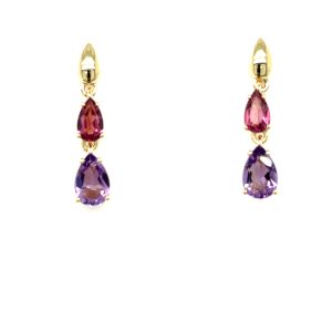 Gult gull ørepynt m/ rosa rhodolit og ametyst