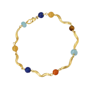 Vega Curl Armbånd m/ blå safir, tigerøye, korall, gul aventurin og blå trolite