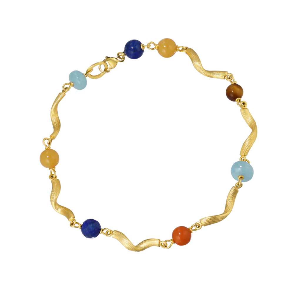 Vega Curl Armbånd m/ blå safir, tigerøye, korall, gul aventurin og blå trolite