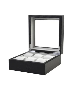 Klokkeboks for 6 ur. Sort MDF m/vindu 21X20X8