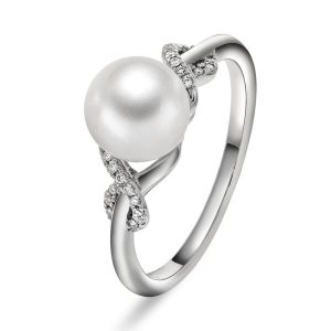 EC1914 Ring i gull med perle og dia 0,06 ct, hvitt gull