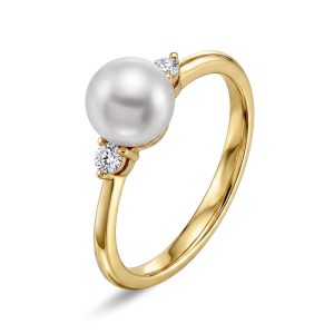 EC1914 Ring i gull med perle og diamanter 0,10 ct WSI, gult gull